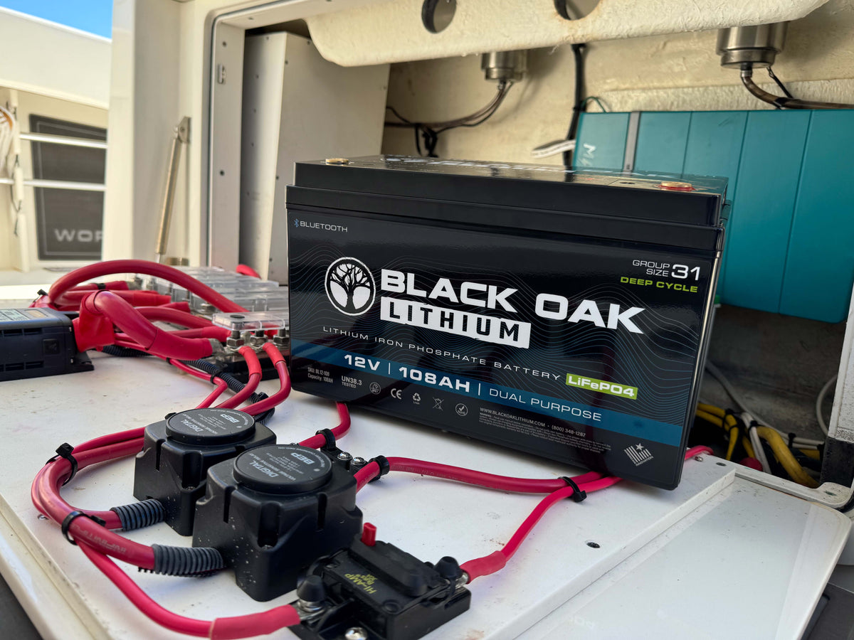 A Black Oak 12V 108Ah dual-purpose LiFePO4 marine battery, a 12V lithium power source of the kind that runs voltage-versatile LED lighting.
