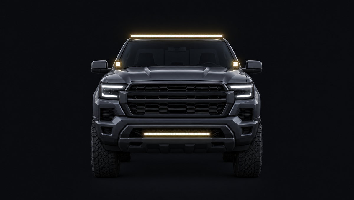 Illustration of a full-size pickup with a glowing roof LED light bar, bumper light bar and A-pillar pod lights