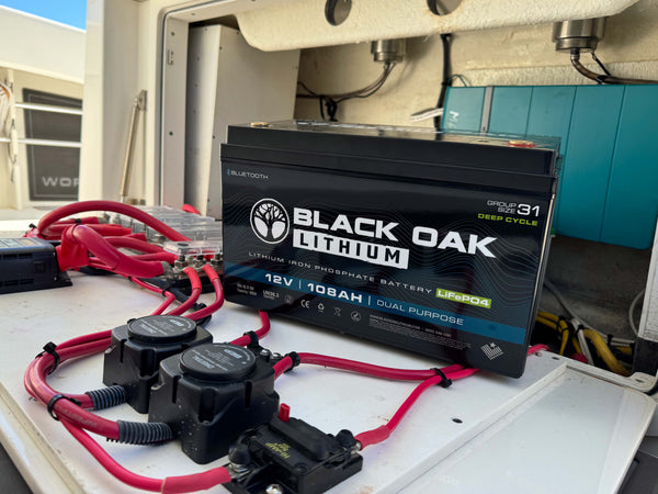 A Black Oak 12V 108Ah dual-purpose LiFePO4 marine battery, a 12V lithium power source of the kind that runs voltage-versatile LED lighting.