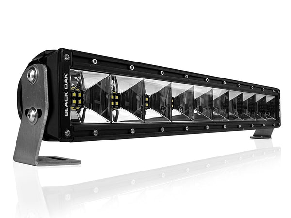 A 20-inch Black Oak LED double row scene light bar rigged for bow fishing, the scene lighting anglers use on the water.
