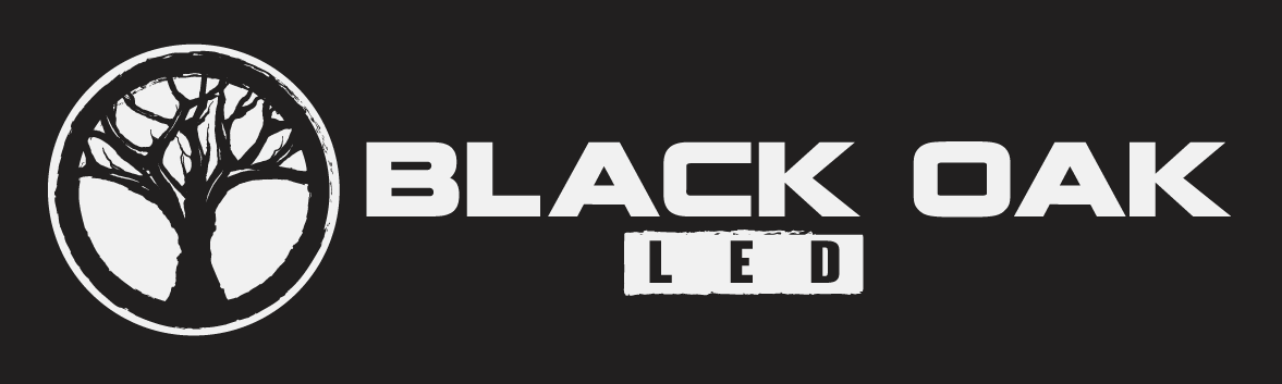 The Black Oak LED wordmark logo on a black background, branding for the 10-inch light bar range.