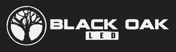 The Black Oak LED wordmark logo on a black background, branding for the 10-inch light bar range.
