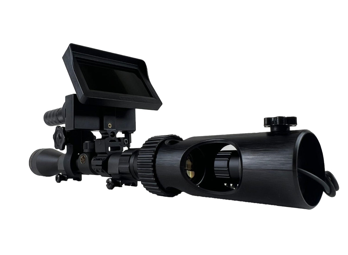 A Black Oak LED 850nm infrared illuminator paired with a digital night vision scope attachment, the night vision and infrared setup predator hunters rely on.