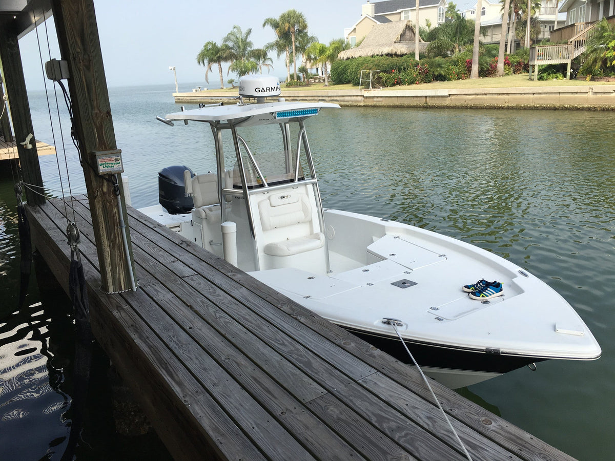 A Black Oak LED marine light bar mounted on a boat, showing a finished marine light bar installation on a boat.