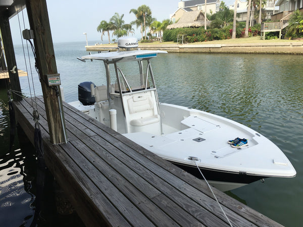 A Black Oak LED marine light bar mounted on a boat, showing a finished marine light bar installation on a boat.