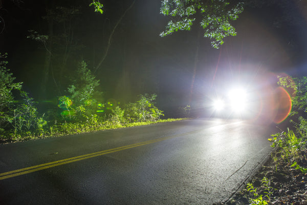 A Jeep Trailhawk running Black Oak LED lighting on an overland trail, showing how beam angle spreads light down the trail.