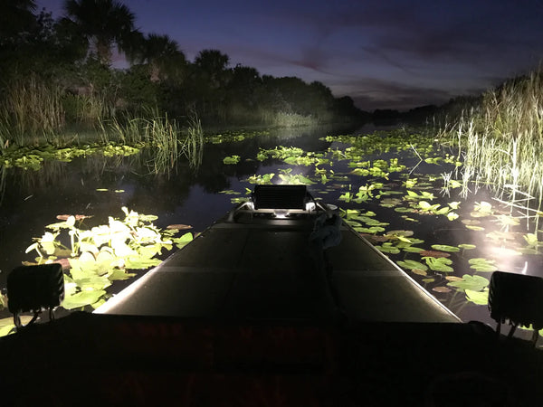 Black Oak LED lighting rigged on a duck boat, the duck boat setup described in this guide.