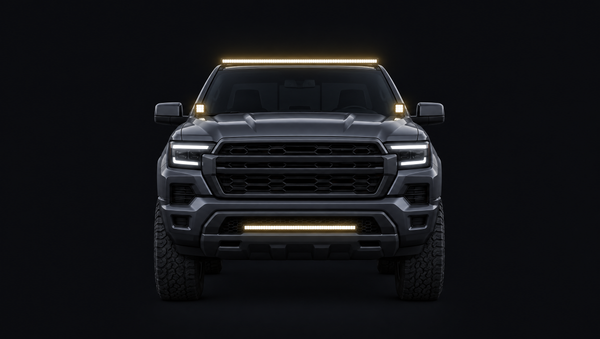 Illustration of a full-size pickup with a glowing roof LED light bar, bumper light bar and A-pillar pod lights